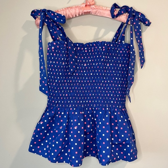 Lilly Pulitzer Rivera Smocked Top in Borealis Blue Lilly Squared Size Large - Picture 5 of 9